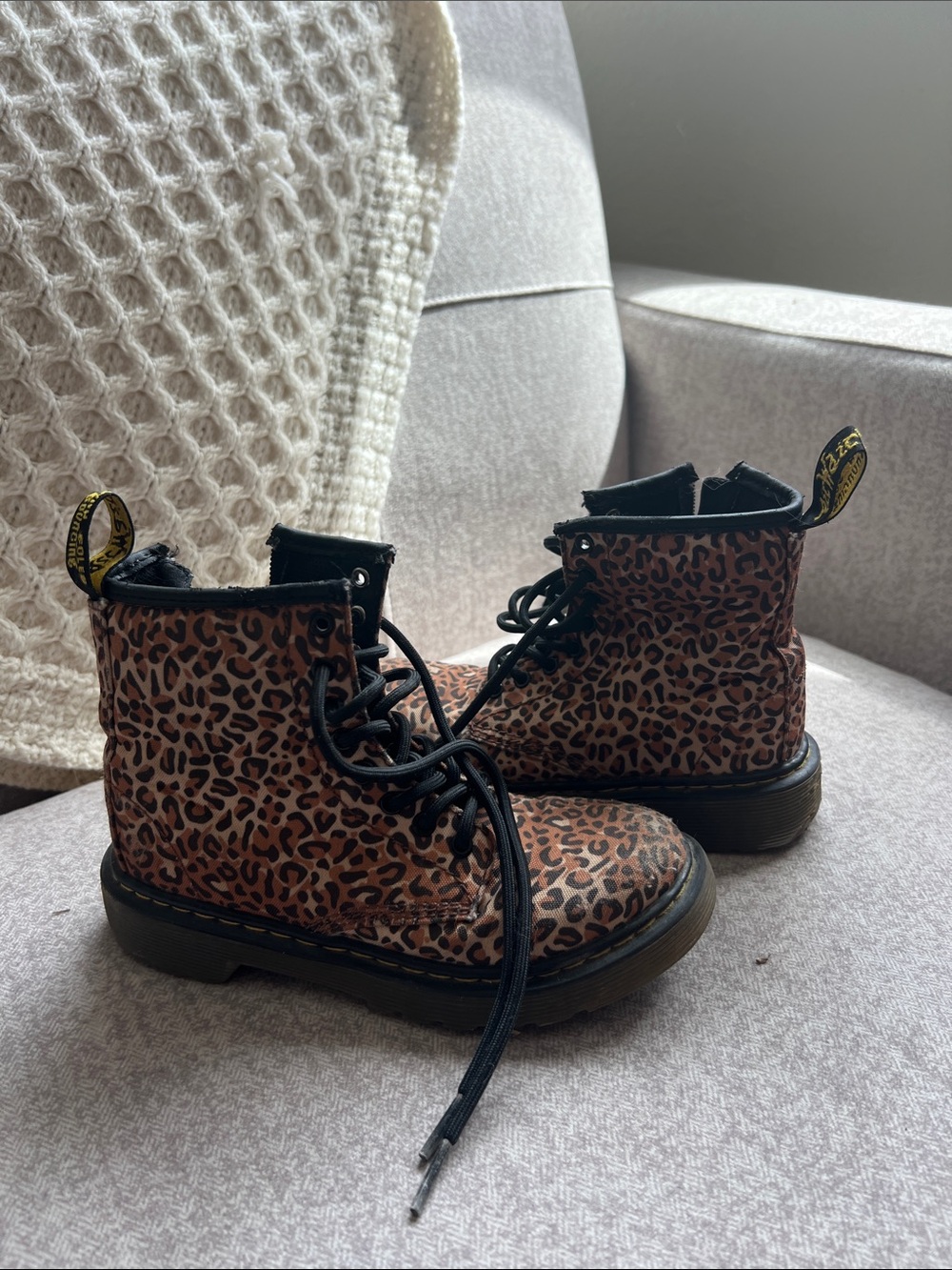 Dr. Martens Kids Leopard Combat Boots in Brown and Black